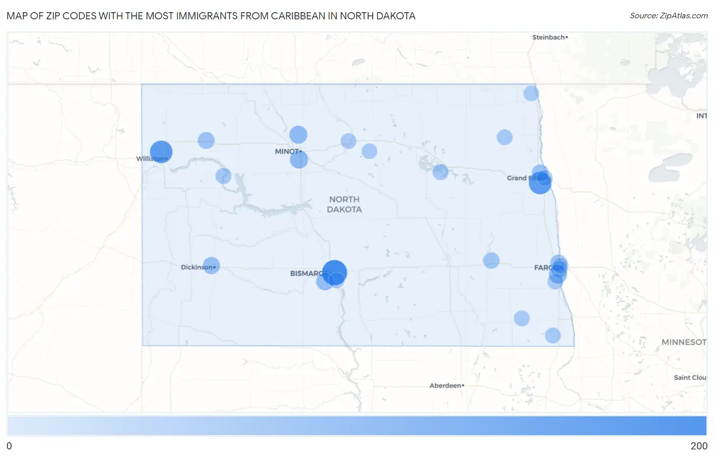 Zip Codes with the Most Immigrants from Caribbean in North Dakota Map