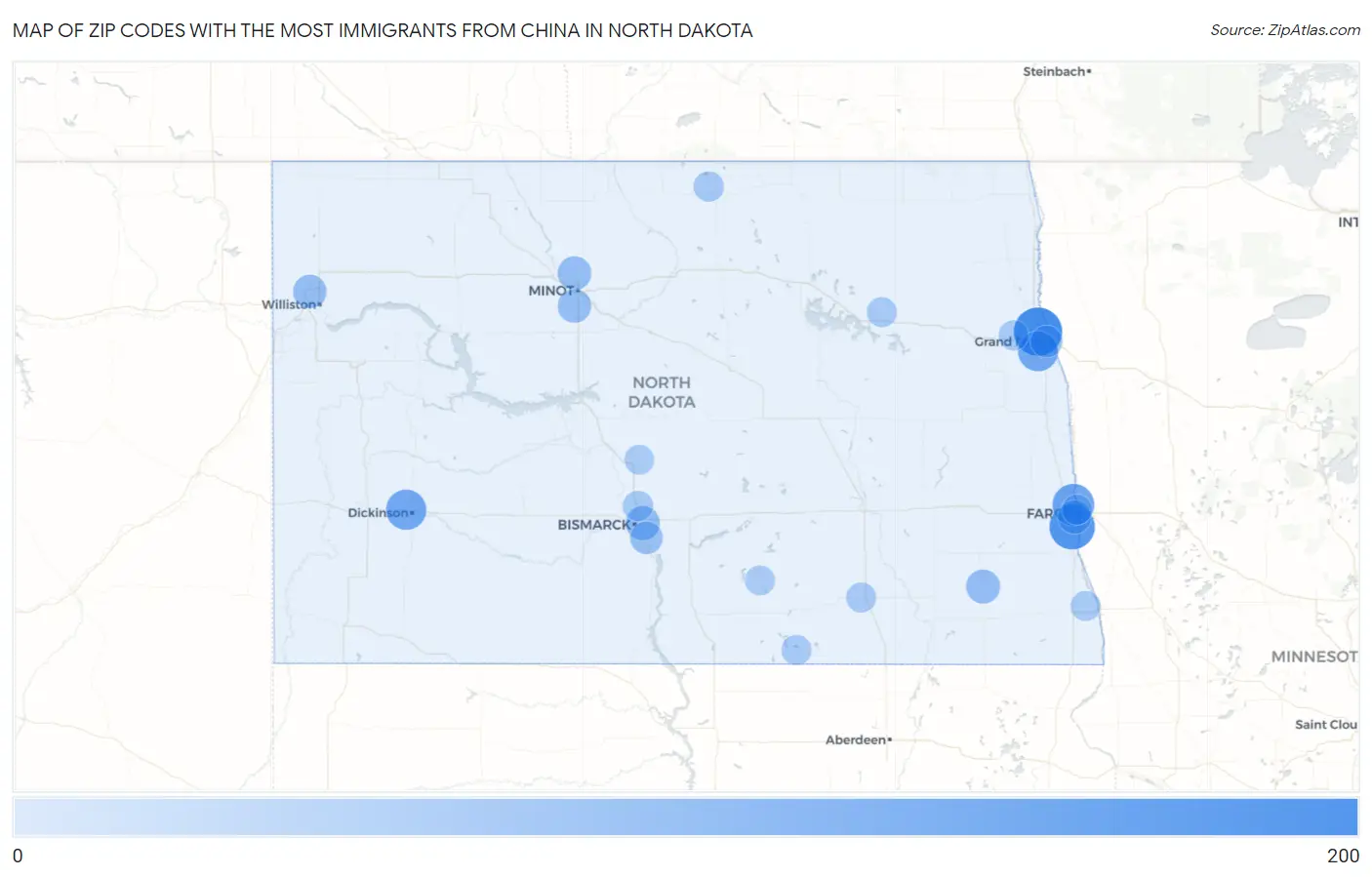 Zip Codes with the Most Immigrants from China in North Dakota Map
