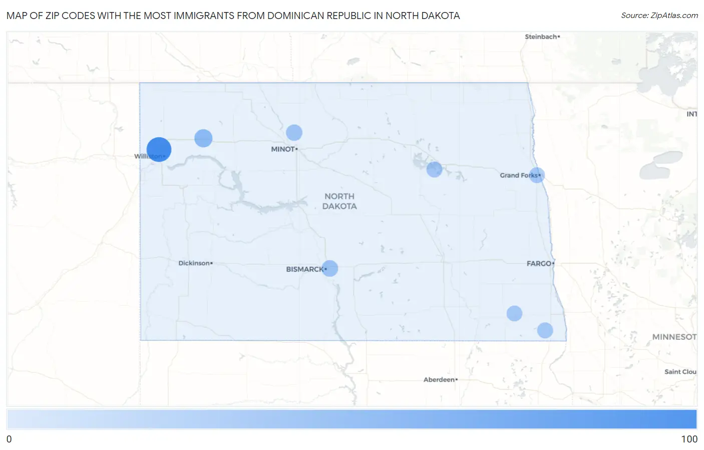 Zip Codes with the Most Immigrants from Dominican Republic in North Dakota Map