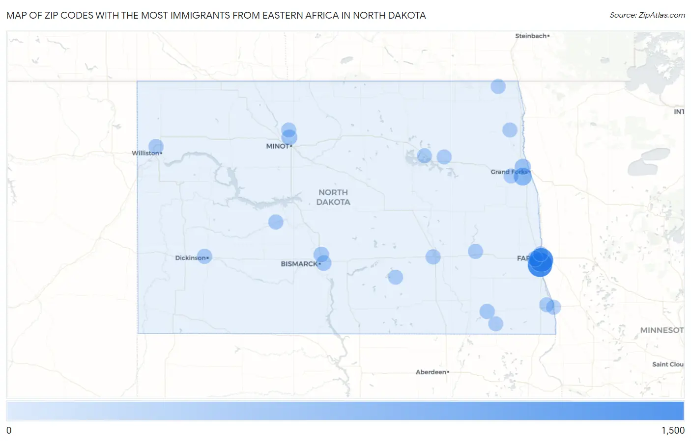 Zip Codes with the Most Immigrants from Eastern Africa in North Dakota Map