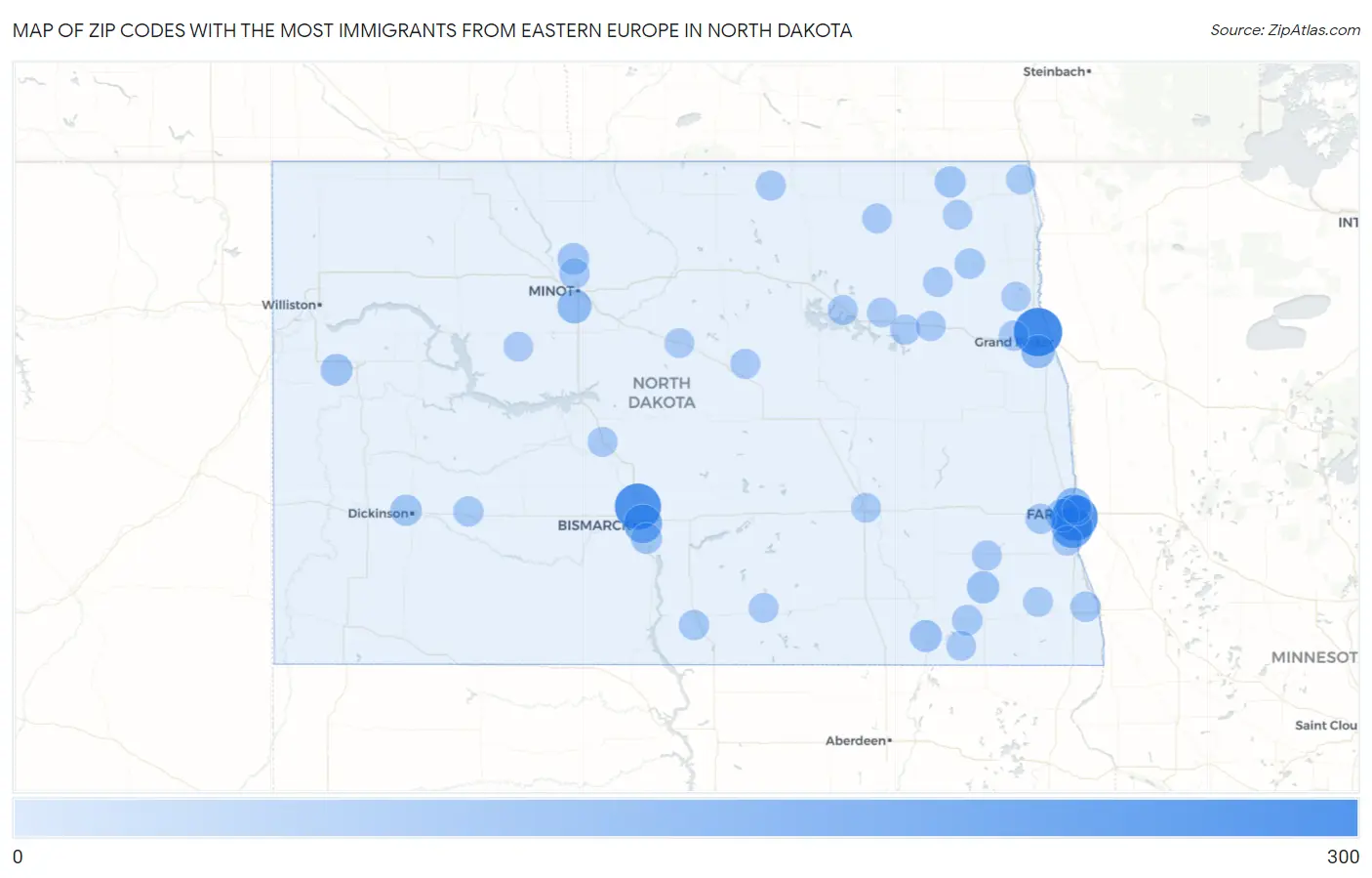Zip Codes with the Most Immigrants from Eastern Europe in North Dakota Map