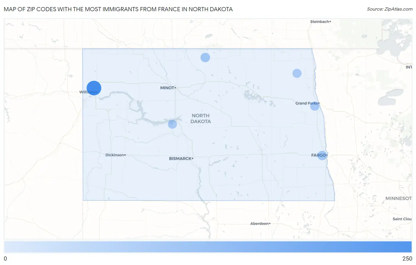 Zip Codes with the Most Immigrants from France in North Dakota Map