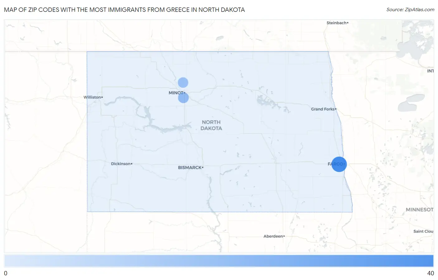 Zip Codes with the Most Immigrants from Greece in North Dakota Map