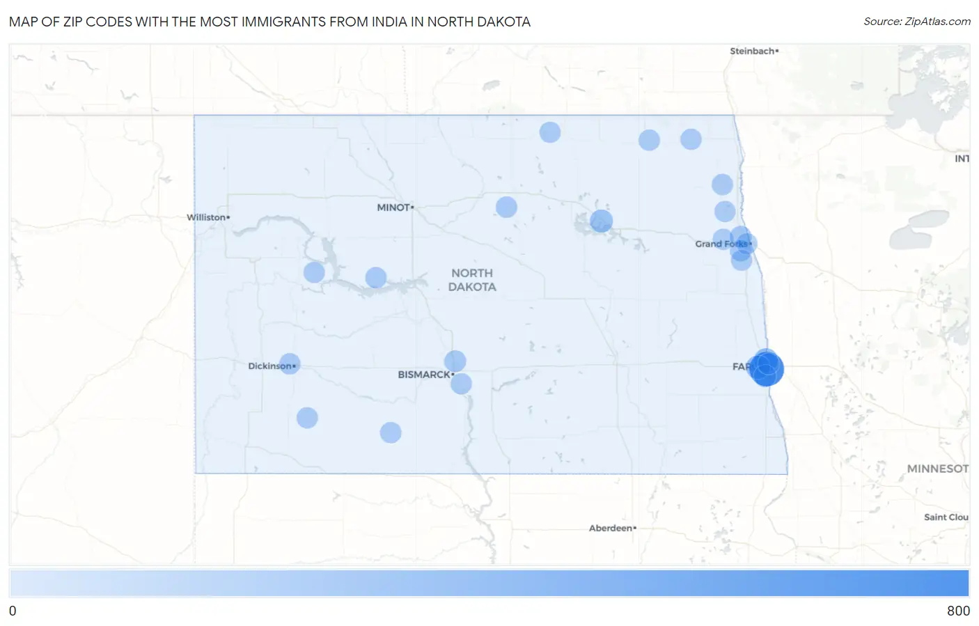 Zip Codes with the Most Immigrants from India in North Dakota Map