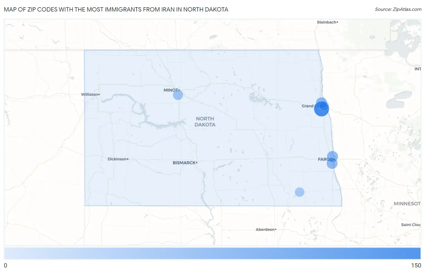 Zip Codes with the Most Immigrants from Iran in North Dakota Map