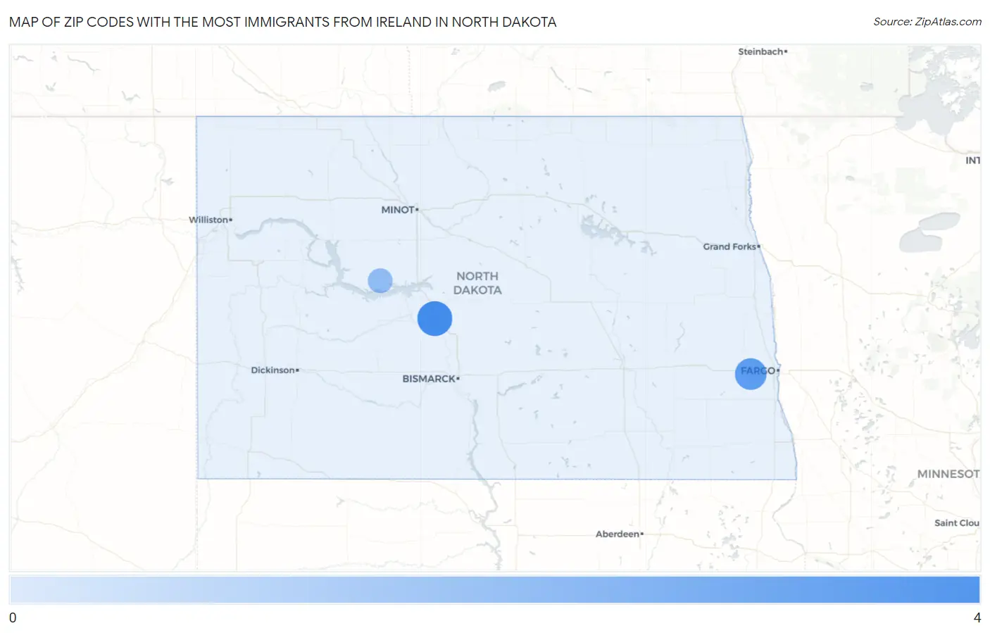 Zip Codes with the Most Immigrants from Ireland in North Dakota Map