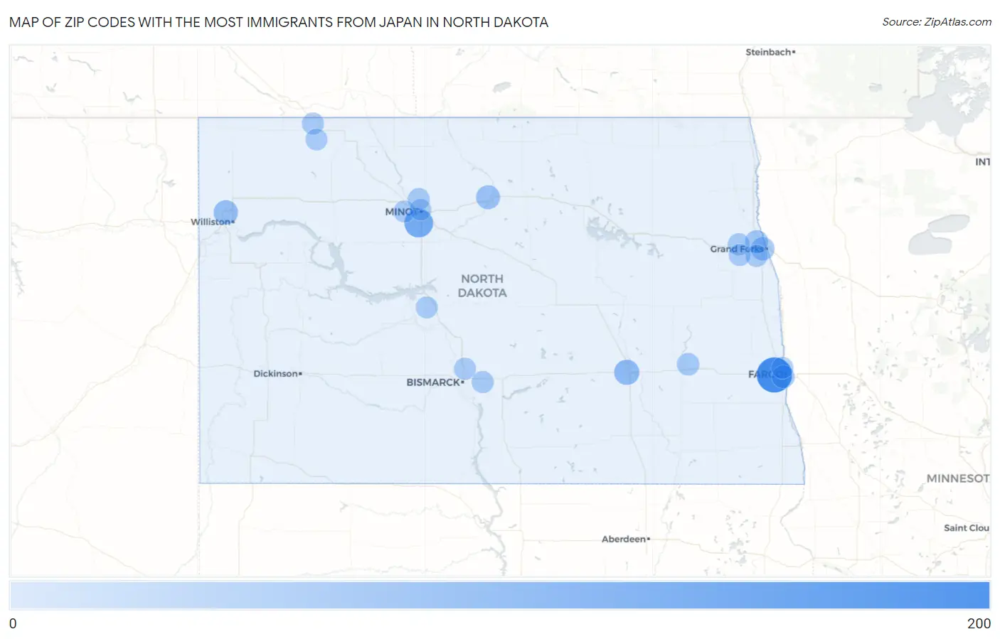 Zip Codes with the Most Immigrants from Japan in North Dakota Map