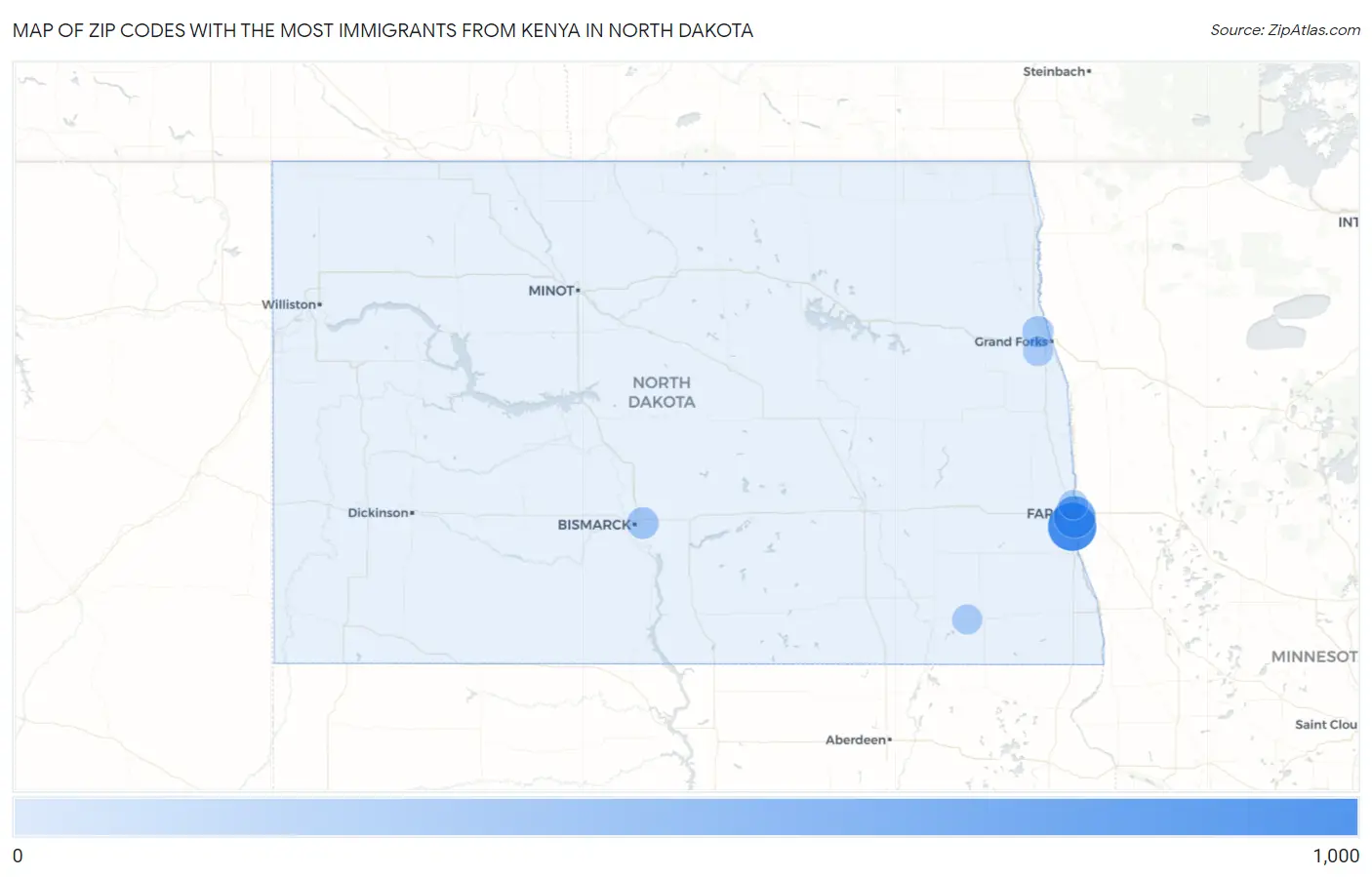 Zip Codes with the Most Immigrants from Kenya in North Dakota Map