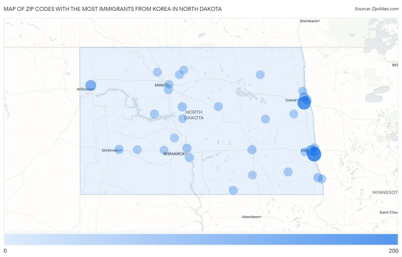 Zip Codes with the Most Immigrants from Korea in North Dakota Map