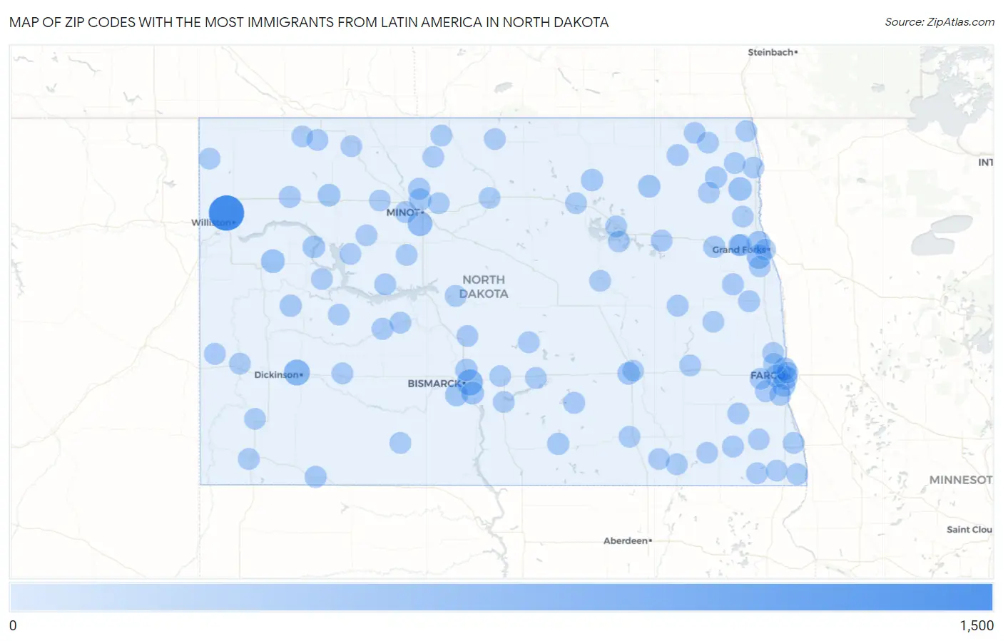 Zip Codes with the Most Immigrants from Latin America in North Dakota Map