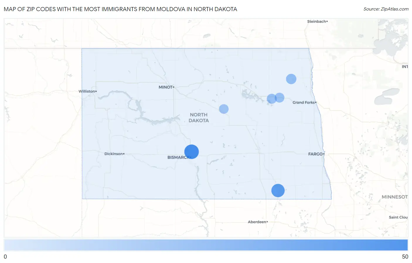 Zip Codes with the Most Immigrants from Moldova in North Dakota Map