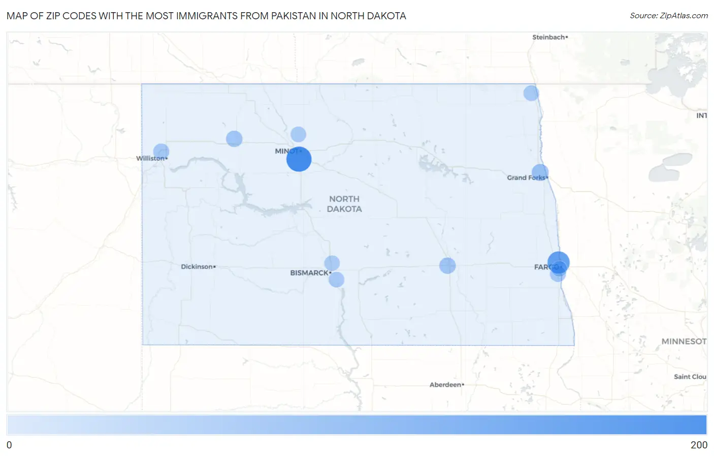 Zip Codes with the Most Immigrants from Pakistan in North Dakota Map