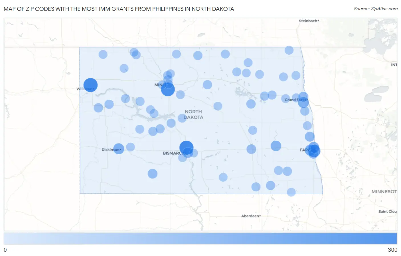 Zip Codes with the Most Immigrants from Philippines in North Dakota Map