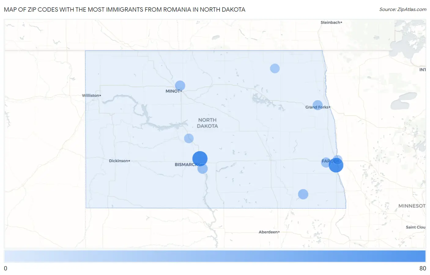 Zip Codes with the Most Immigrants from Romania in North Dakota Map
