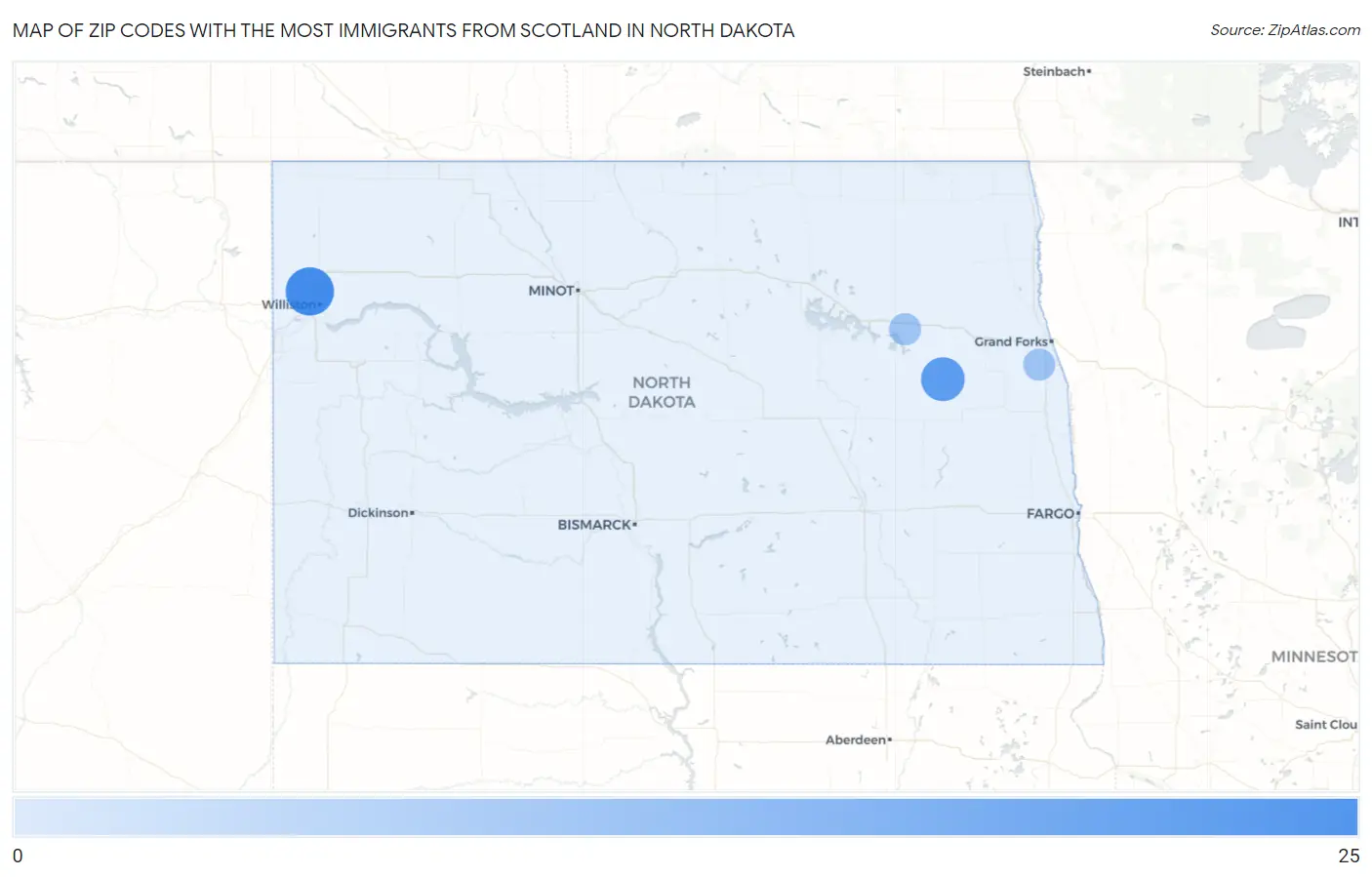 Zip Codes with the Most Immigrants from Scotland in North Dakota Map