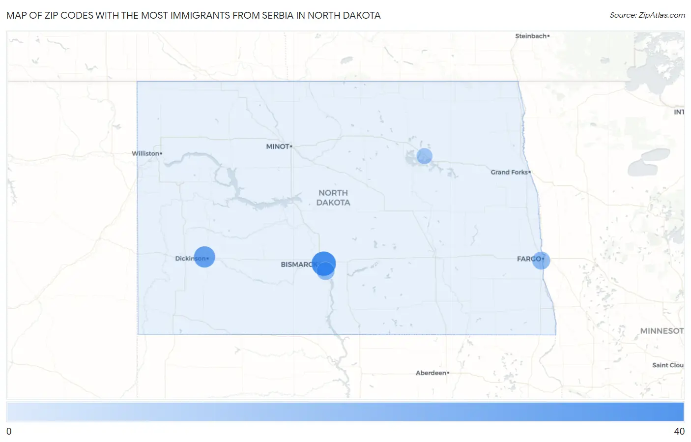 Zip Codes with the Most Immigrants from Serbia in North Dakota Map