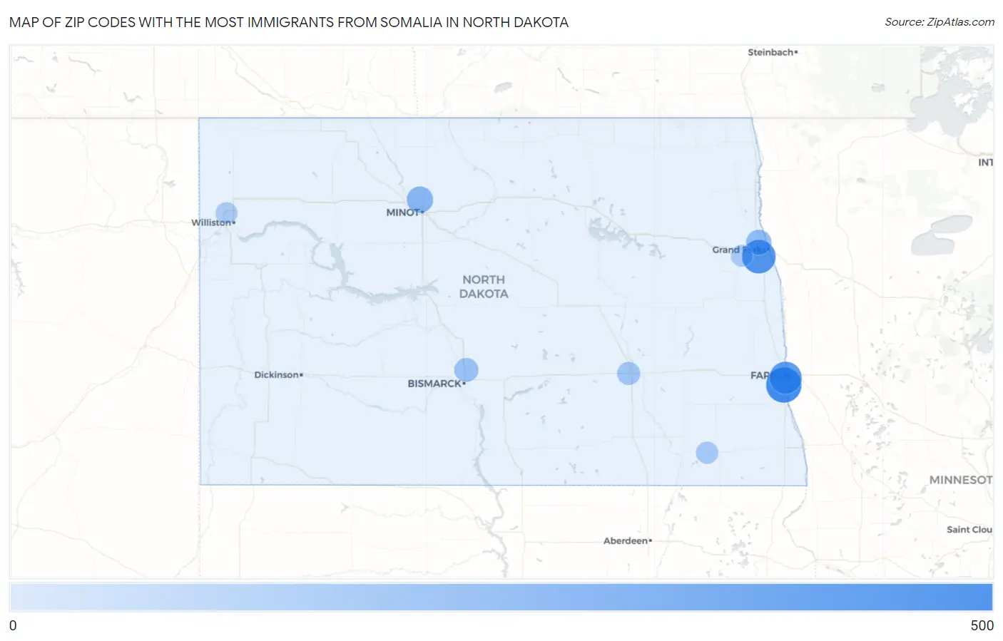 Zip Codes with the Most Immigrants from Somalia in North Dakota Map