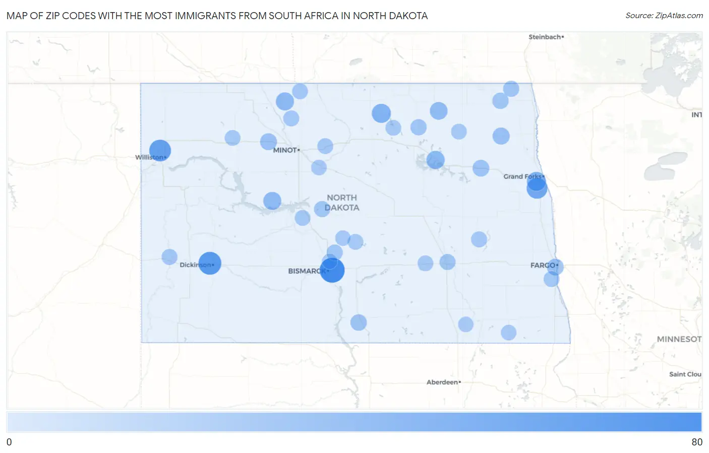 Zip Codes with the Most Immigrants from South Africa in North Dakota Map