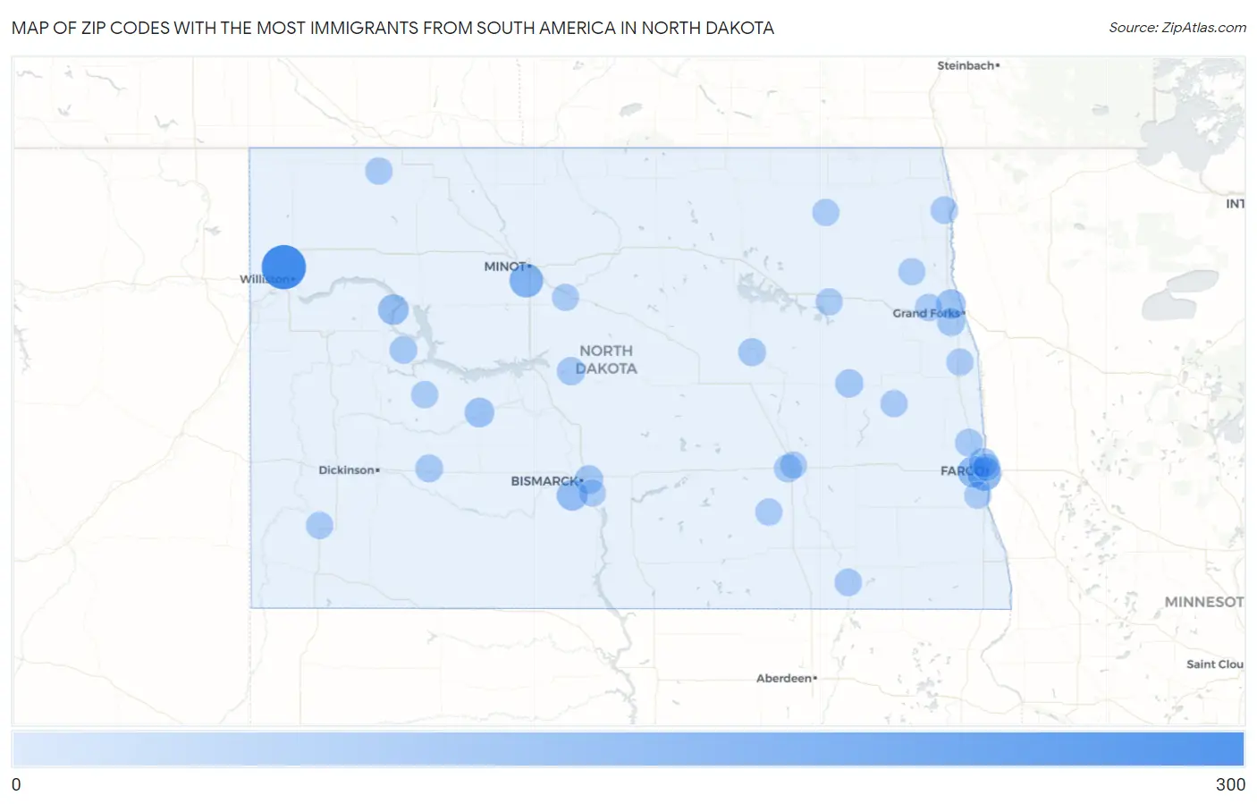 Zip Codes with the Most Immigrants from South America in North Dakota Map