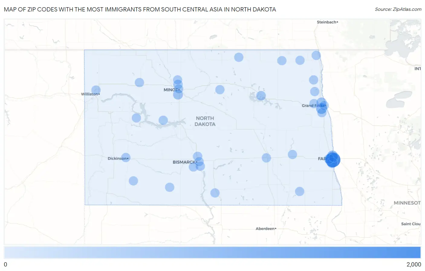Zip Codes with the Most Immigrants from South Central Asia in North Dakota Map