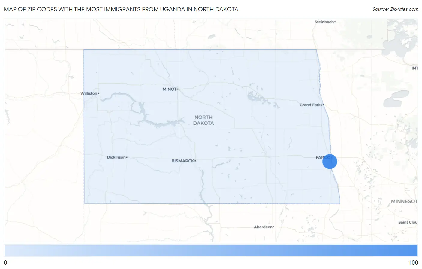Zip Codes with the Most Immigrants from Uganda in North Dakota Map