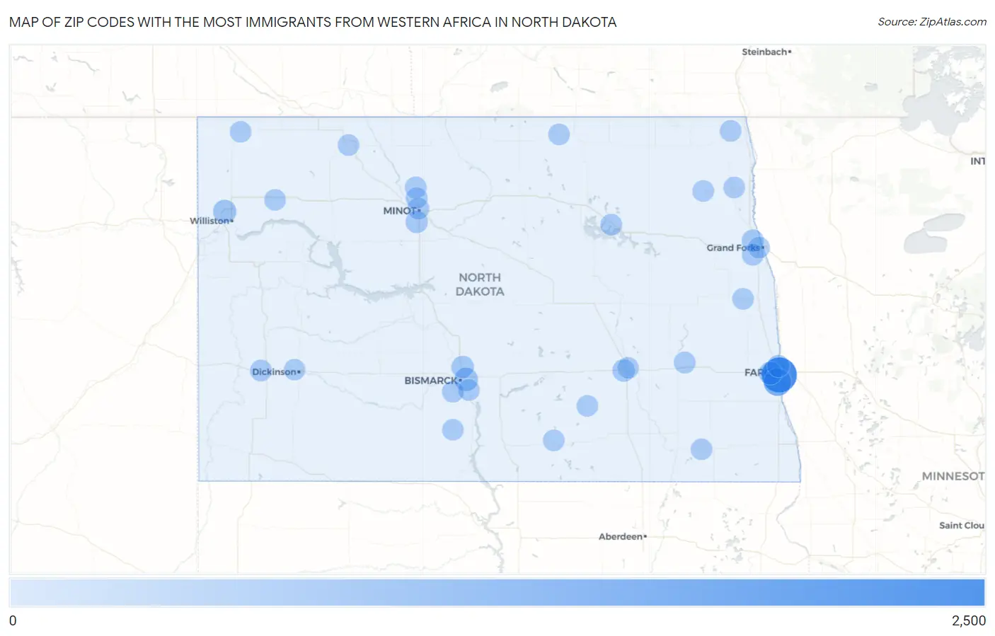 Zip Codes with the Most Immigrants from Western Africa in North Dakota Map