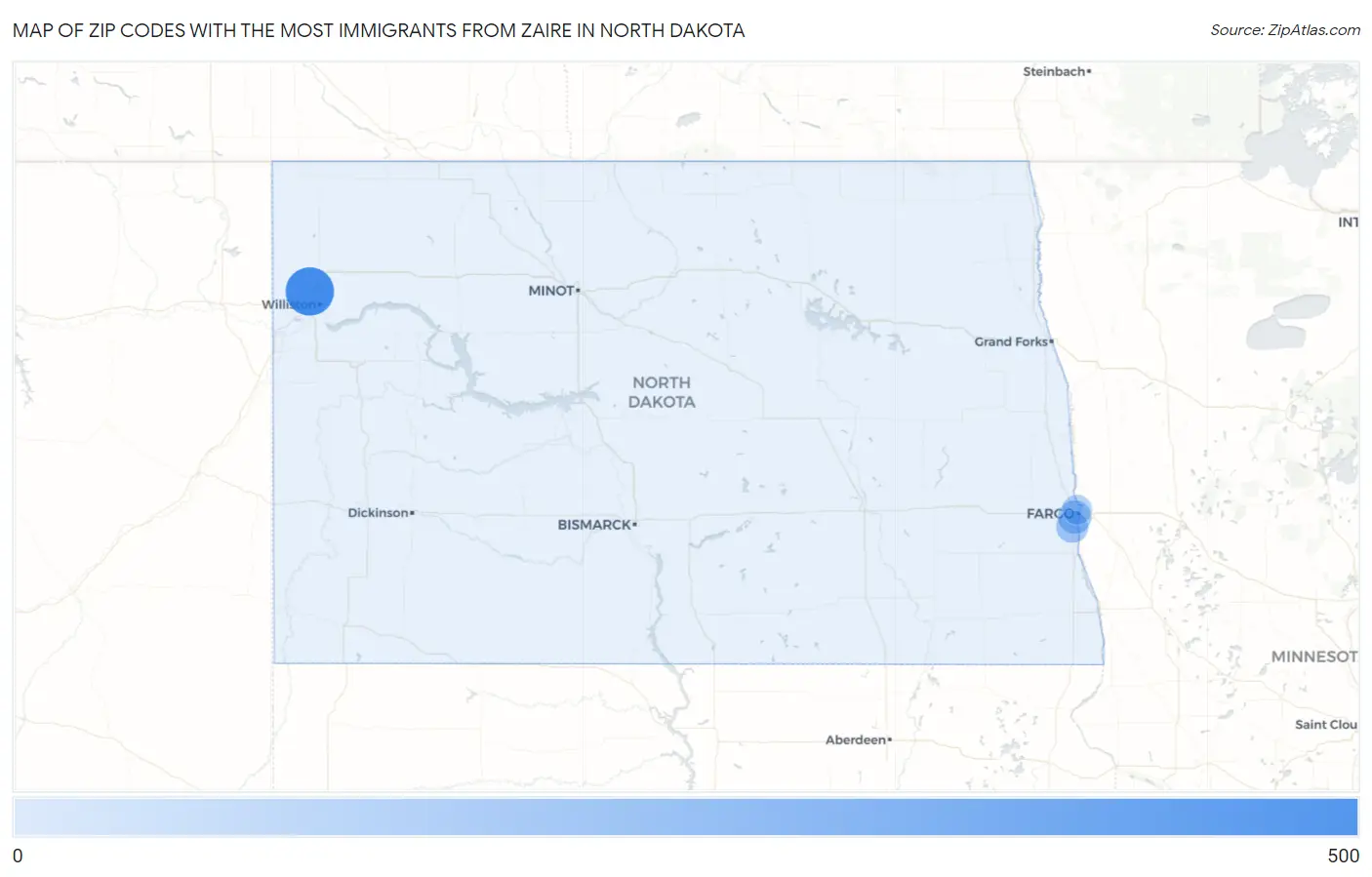 Zip Codes with the Most Immigrants from Zaire in North Dakota Map