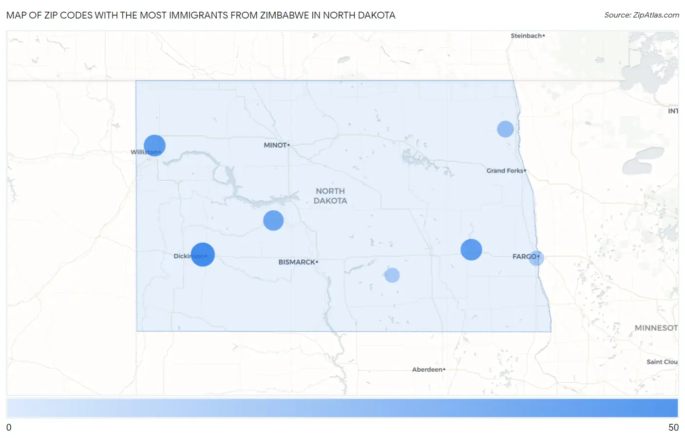 Zip Codes with the Most Immigrants from Zimbabwe in North Dakota Map