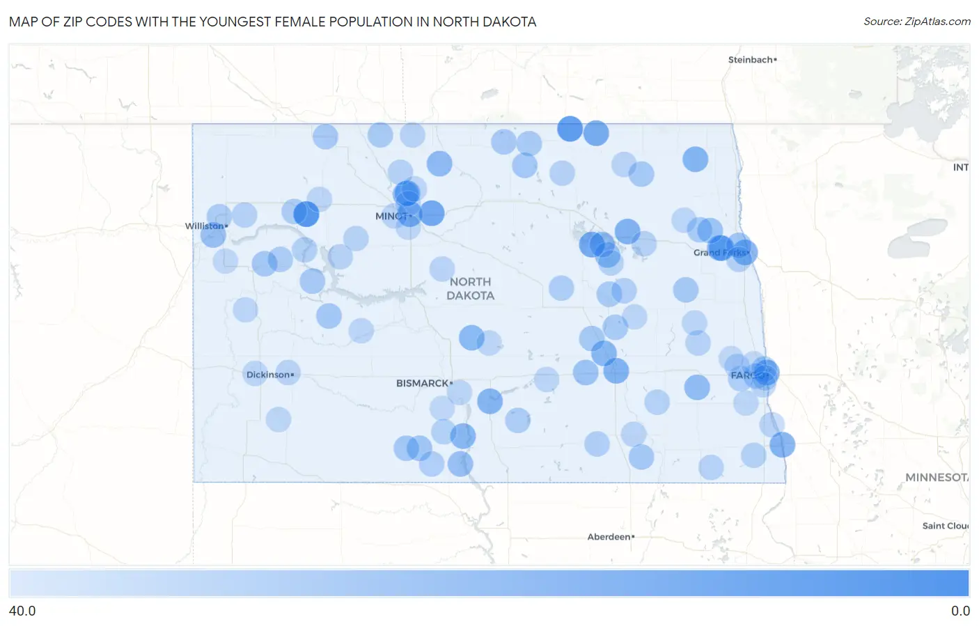 Zip Codes with the Youngest Female Population in North Dakota Map