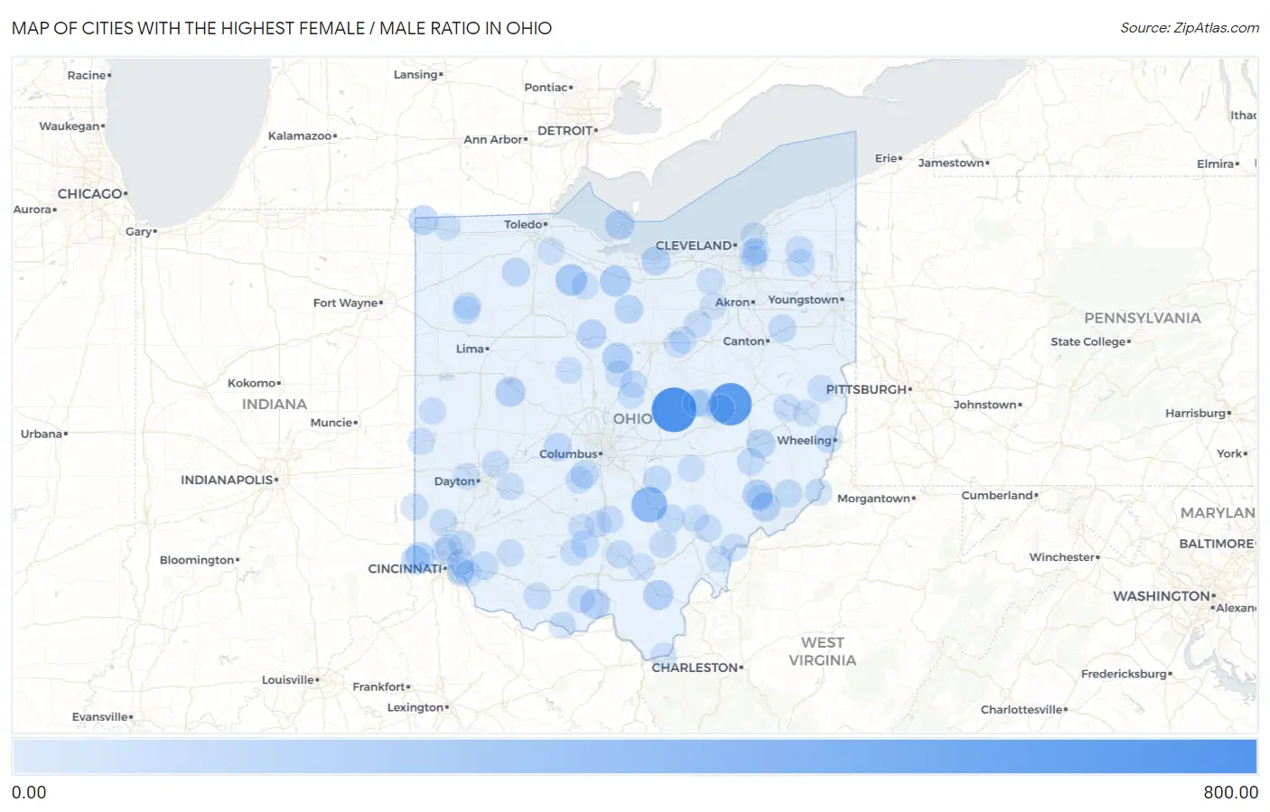 Cities with the Highest Female / Male Ratio in Ohio Map