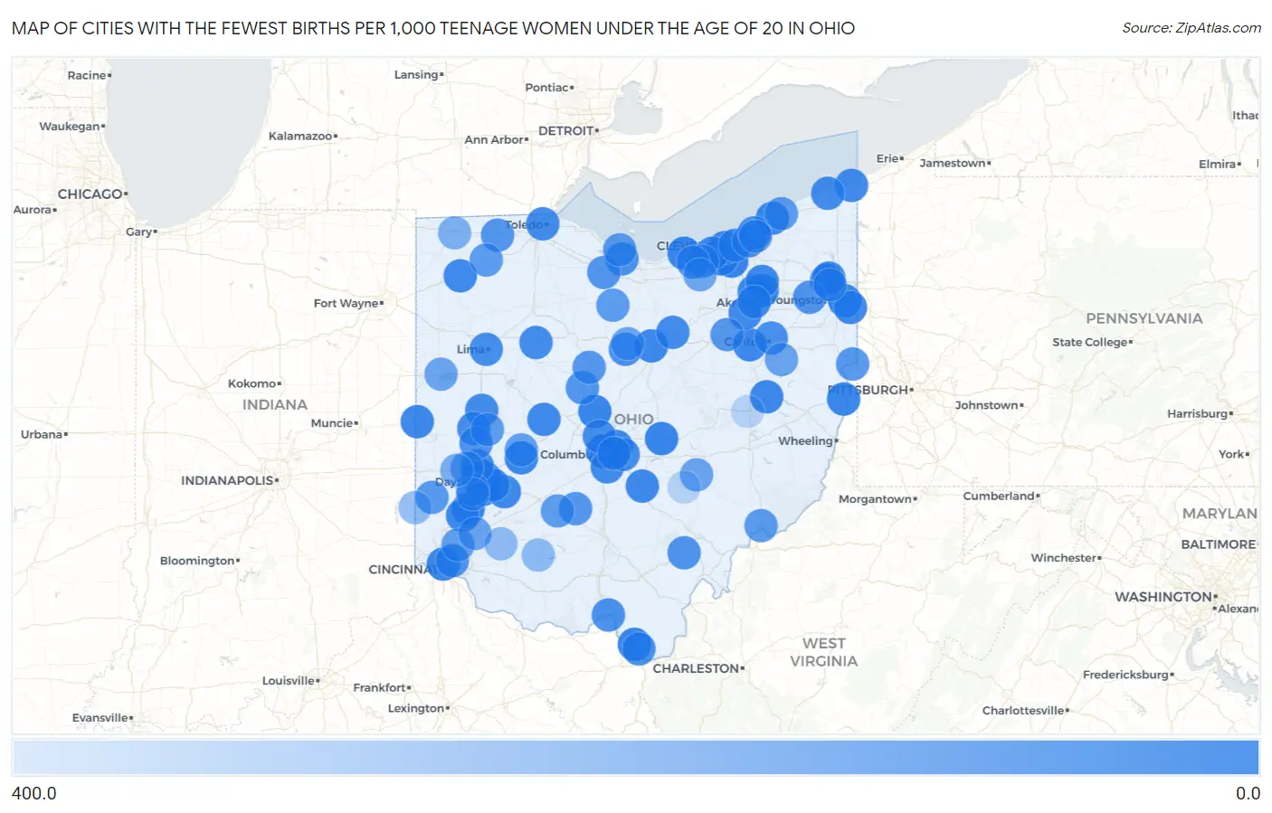 Cities with the Fewest Births per 1,000 Teenage Women Under the Age of 20 in Ohio Map