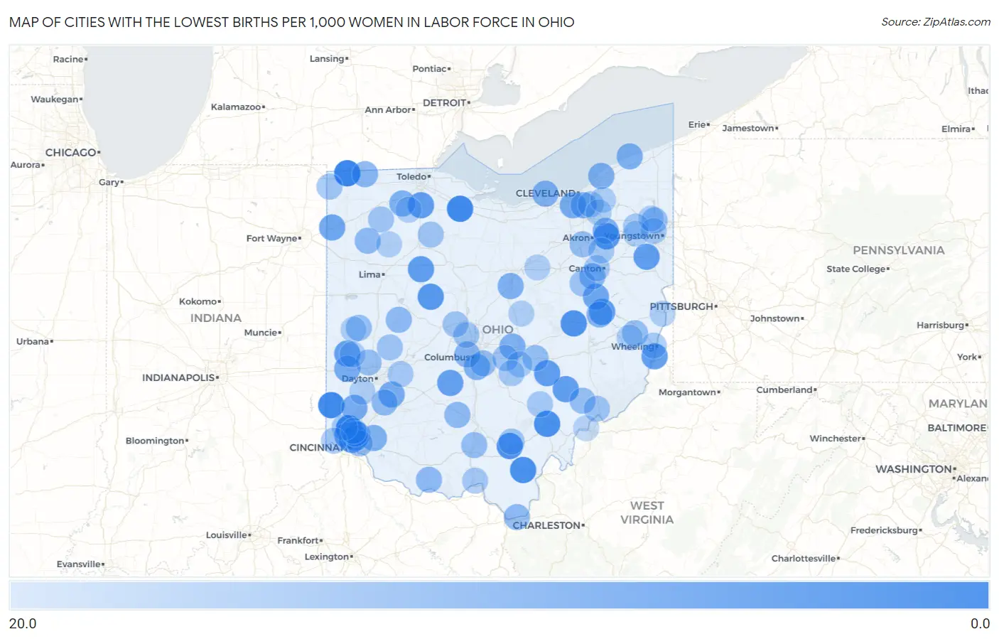 Cities with the Lowest Births per 1,000 Women in Labor Force in Ohio Map
