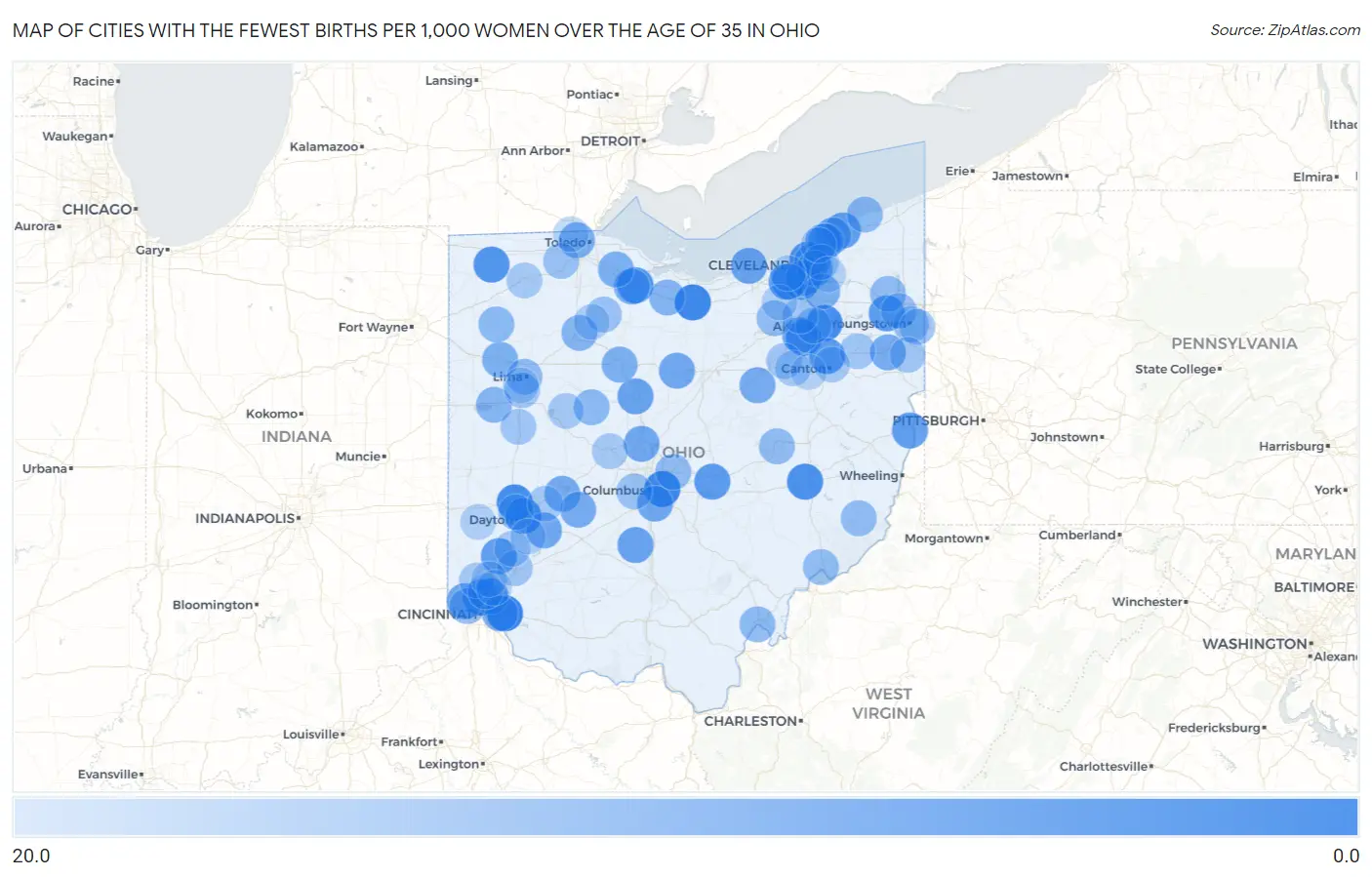 Cities with the Fewest Births per 1,000 Women Over the Age of 35 in Ohio Map