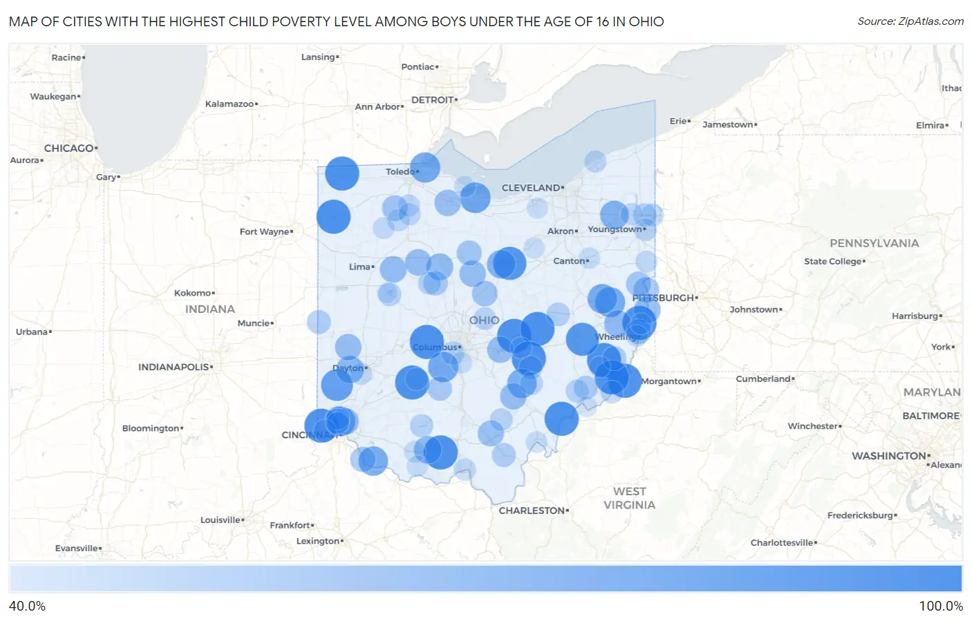 Cities with the Highest Child Poverty Level Among Boys Under the Age of 16 in Ohio Map