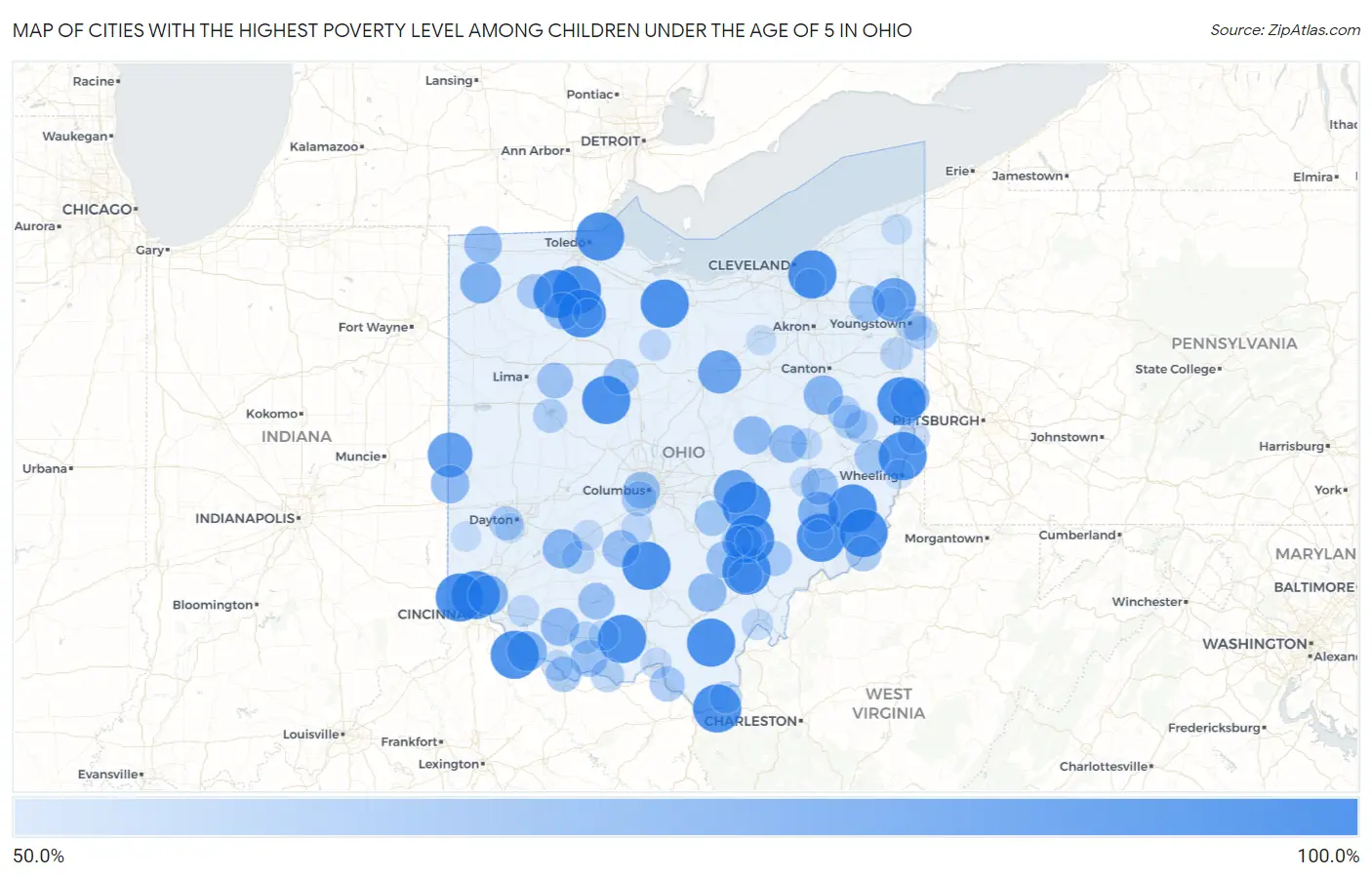 Cities with the Highest Poverty Level Among Children Under the Age of 5 in Ohio Map