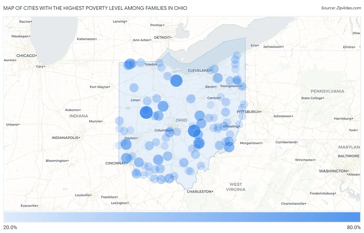 Cities with the Highest Poverty Level Among Families in Ohio Map