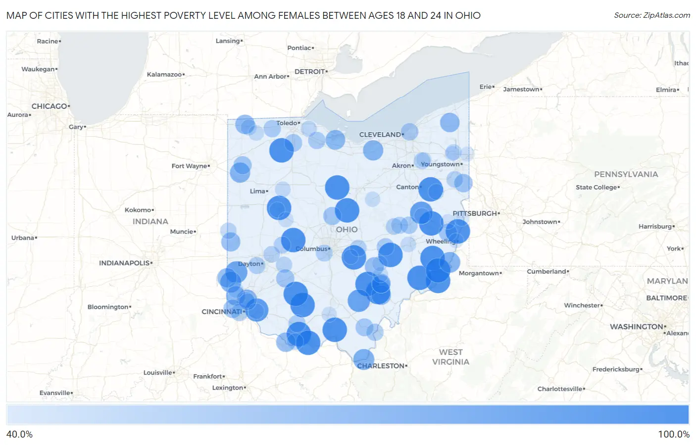 Cities with the Highest Poverty Level Among Females Between Ages 18 and 24 in Ohio Map