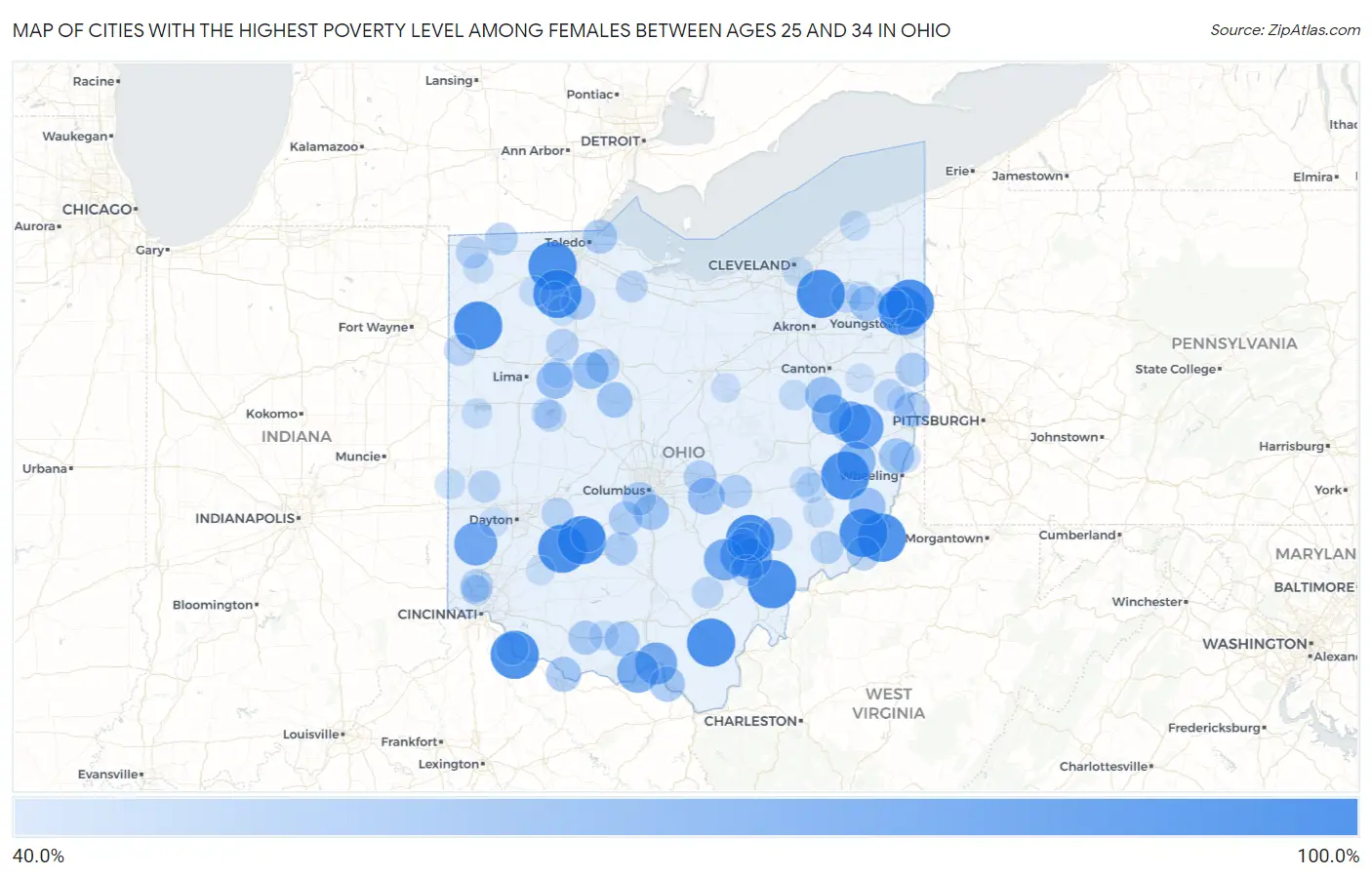 Cities with the Highest Poverty Level Among Females Between Ages 25 and 34 in Ohio Map