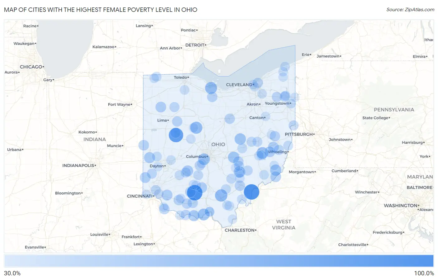 Cities with the Highest Female Poverty Level in Ohio Map