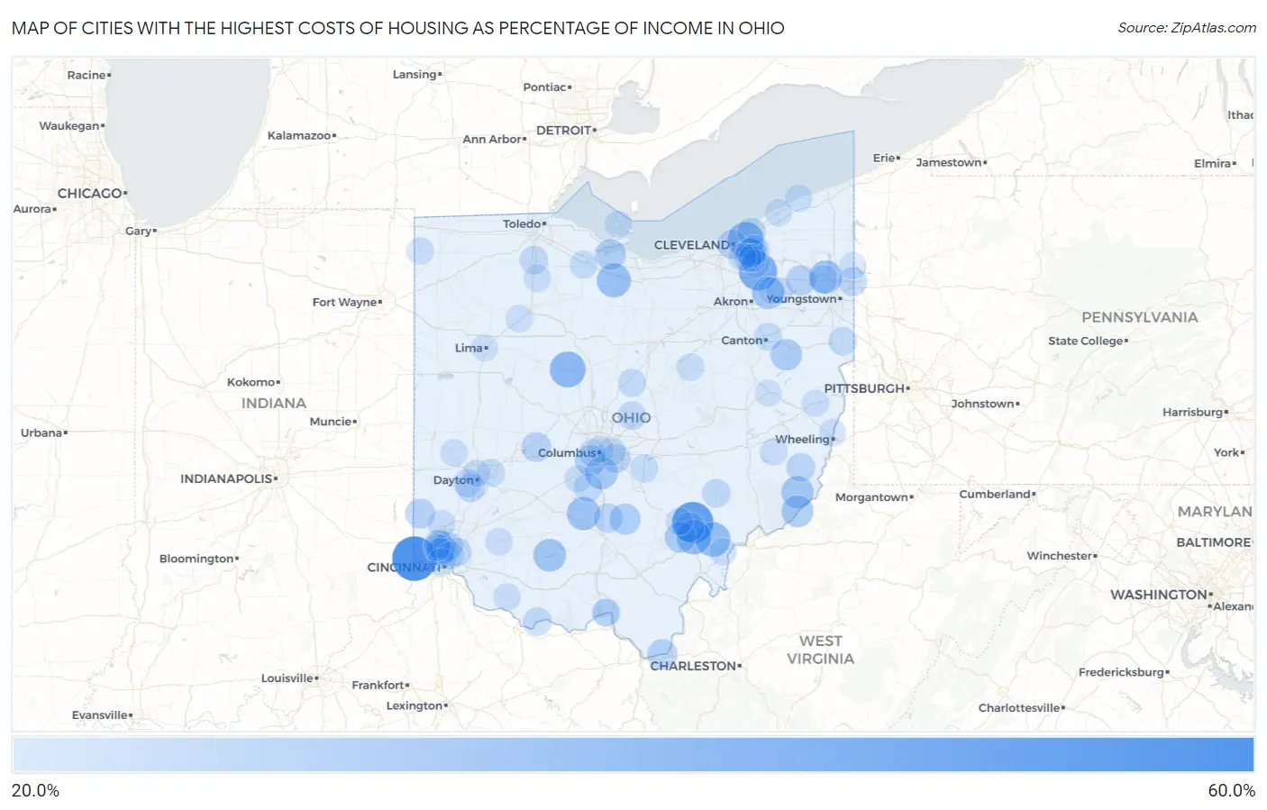 Cities with the Highest Costs of Housing as Percentage of Income in Ohio Map