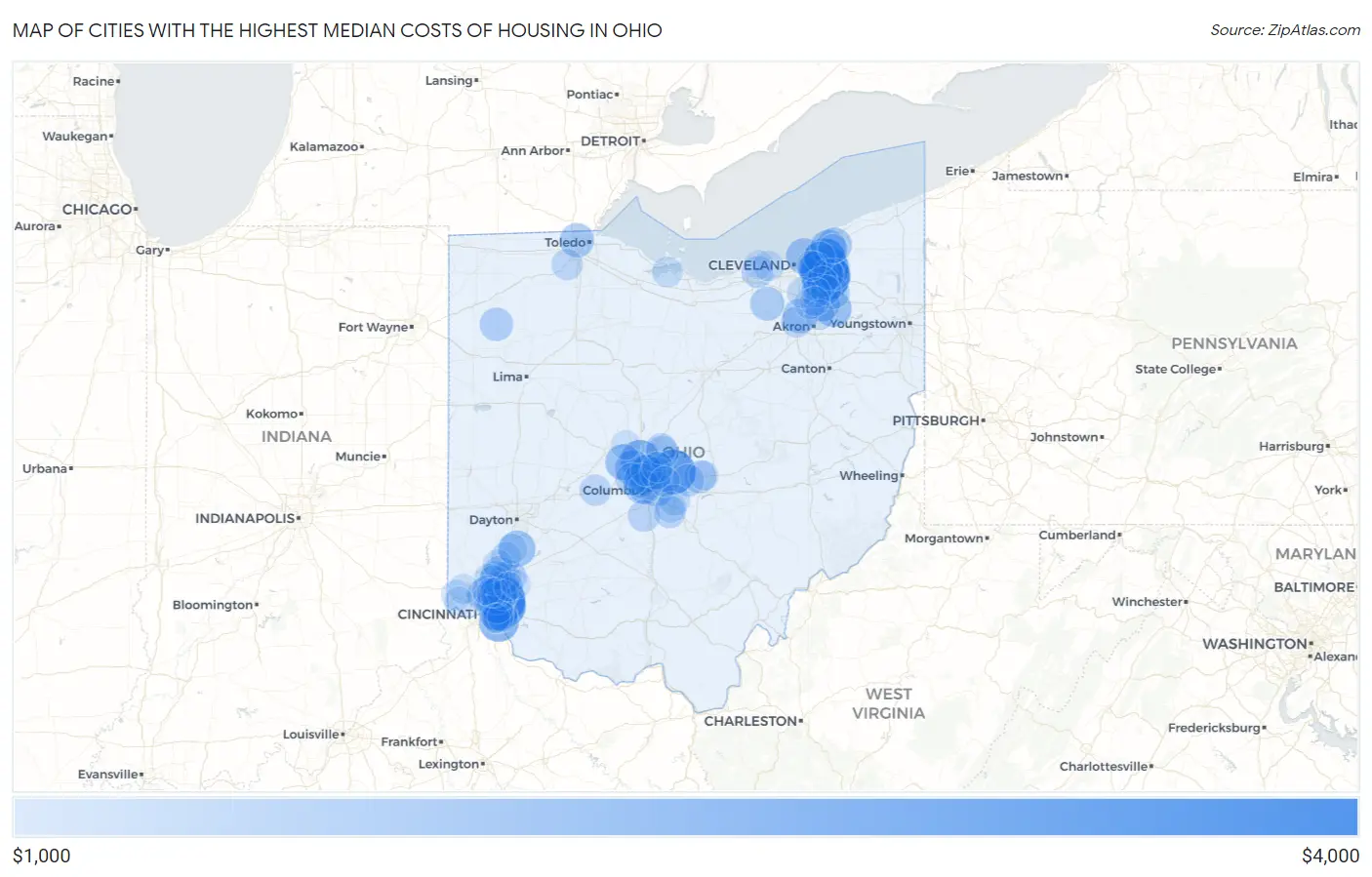 Cities with the Highest Median Costs of Housing in Ohio Map