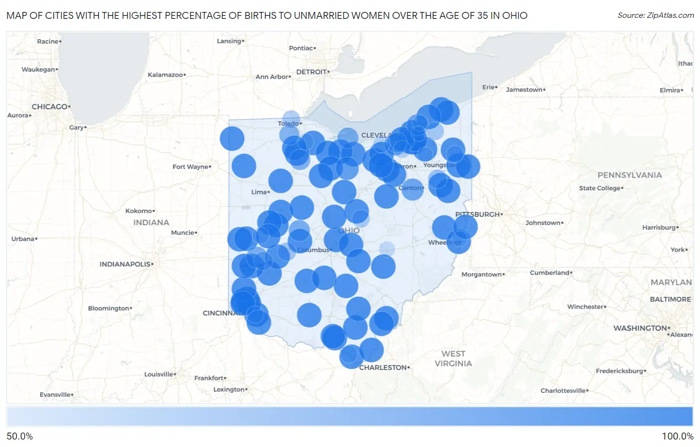 Cities with the Highest Percentage of Births to Unmarried Women over the Age of 35 in Ohio Map