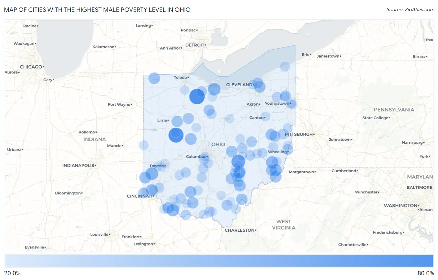 Cities with the Highest Male Poverty Level in Ohio Map