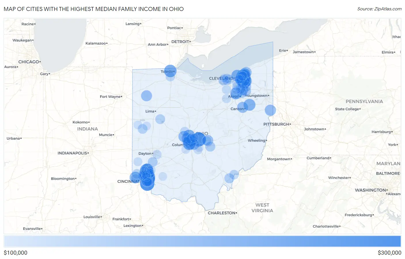 Cities with the Highest Median Family Income in Ohio Map