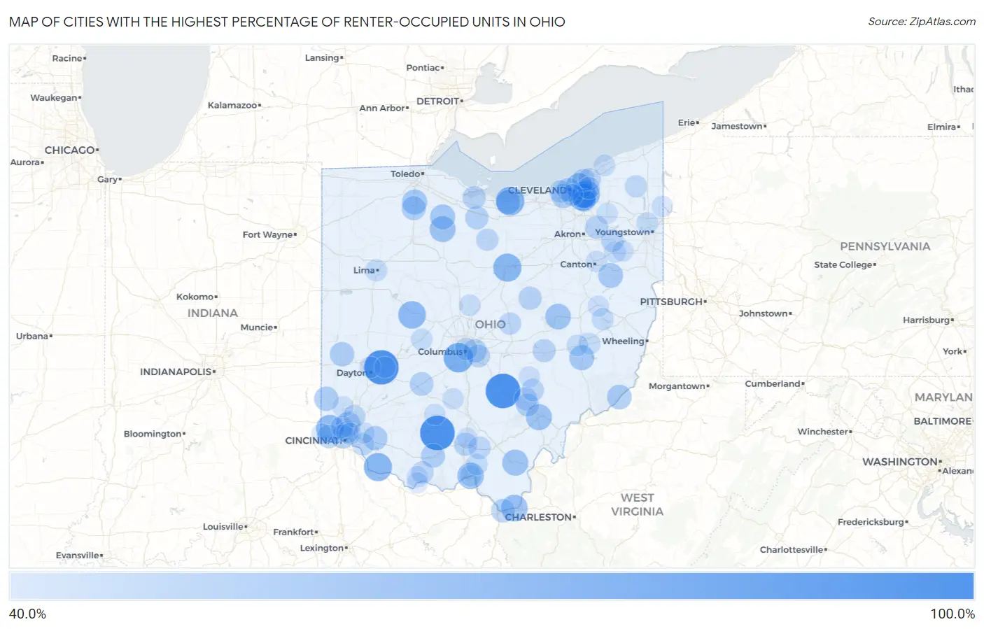 Cities with the Highest Percentage of Renter-Occupied Units in Ohio Map