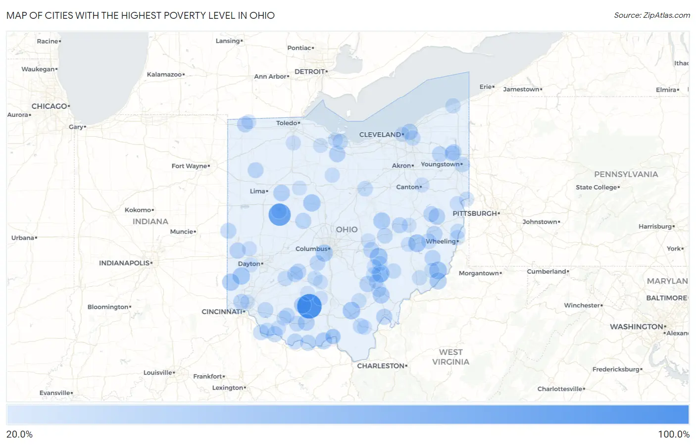 Cities with the Highest Poverty Level in Ohio Map
