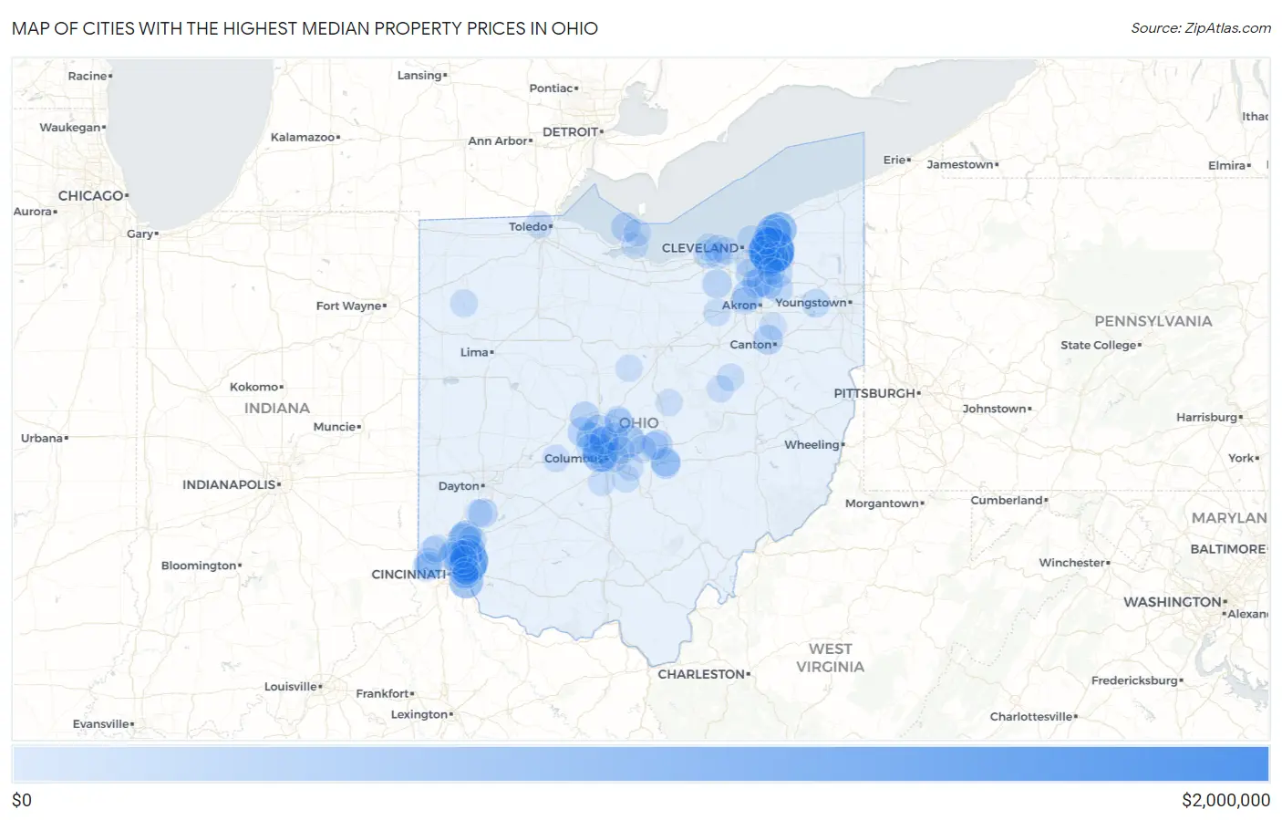 Cities with the Highest Median Property Prices in Ohio Map
