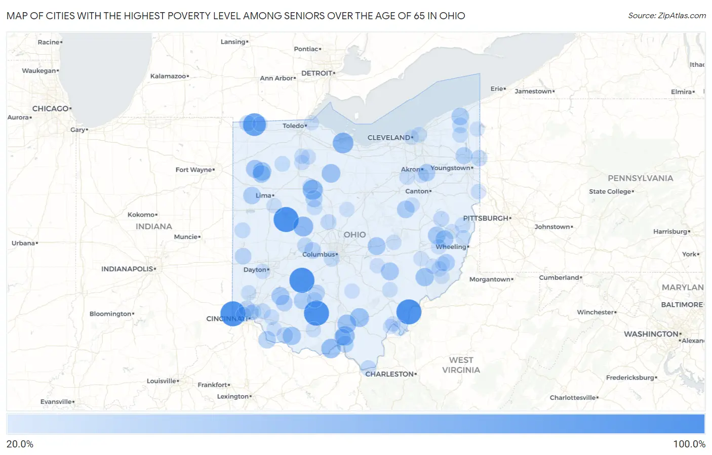 Cities with the Highest Poverty Level Among Seniors Over the Age of 65 in Ohio Map