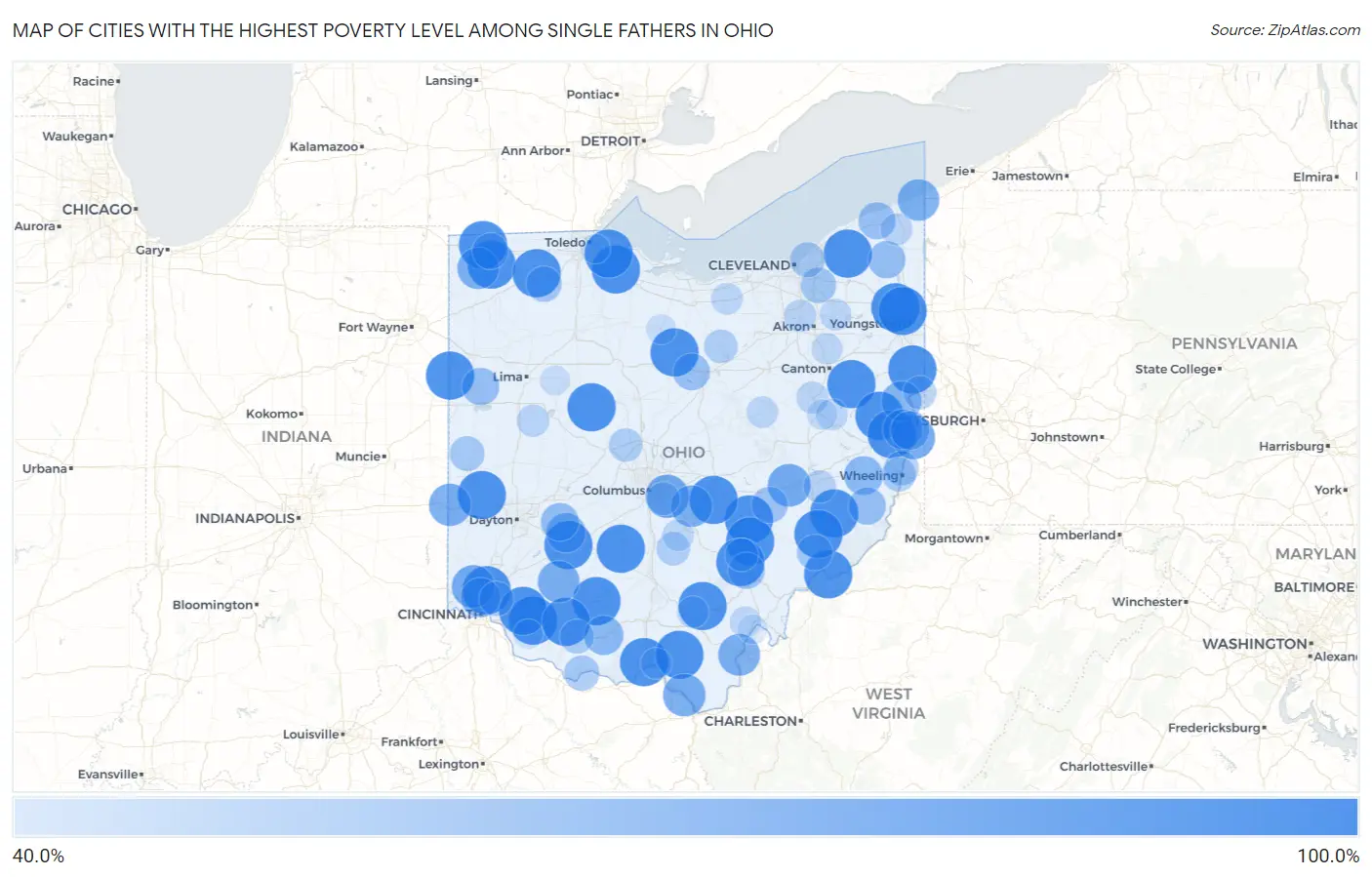 Cities with the Highest Poverty Level Among Single Fathers in Ohio Map