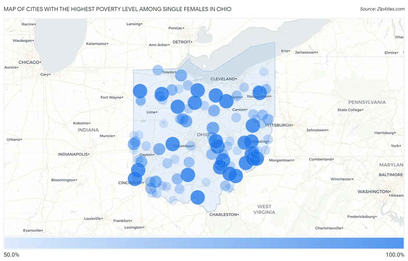 Cities with the Highest Poverty Level Among Single Females in Ohio Map
